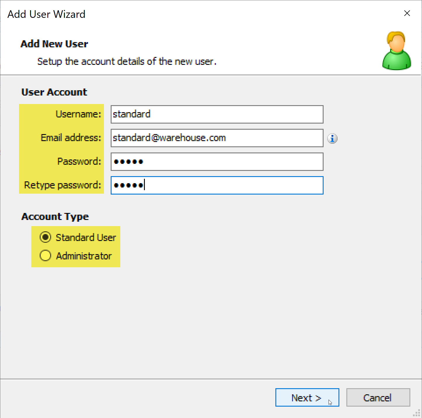 user account account type UI mode add user wizard