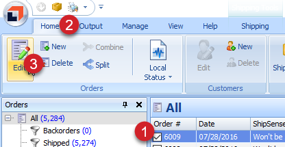 Select an order. Then, click the Home tab then the Edit button.
