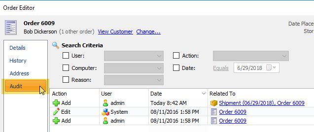 select audit on order editor screen