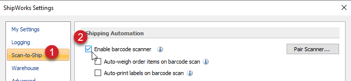 select scan-to-ship enable barcode scanner on ShipWorks settings