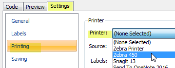 select thermal printer on template editor settings printing