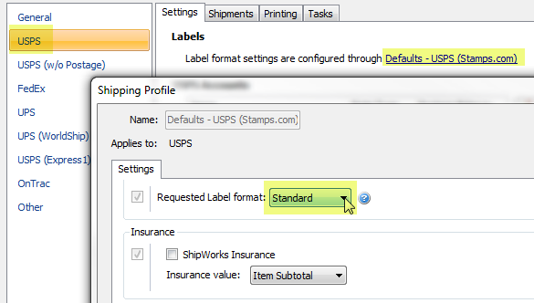 manage shipping settings usps defaults label format standard