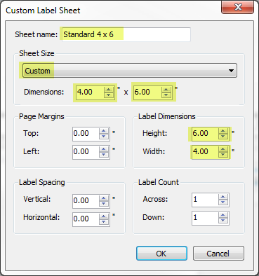 settings for 4x6 custom label sheet