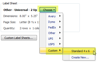 select custom label sheet standard 4x6