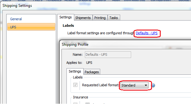 select label format standard in shipping settings ups