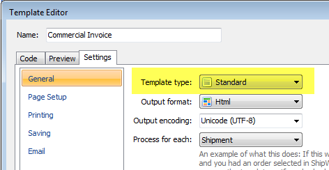 select standard as template type in template editor