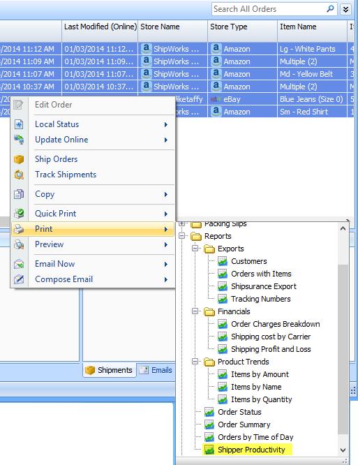Right click the orders and select Save. Then select the shipper productivity report.