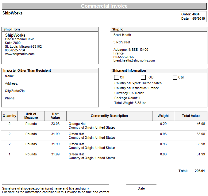 Commercial invoice заполненный образец