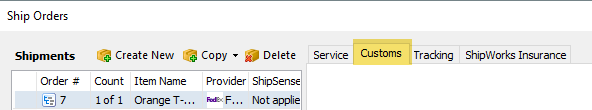 customs tab on ship orders screen