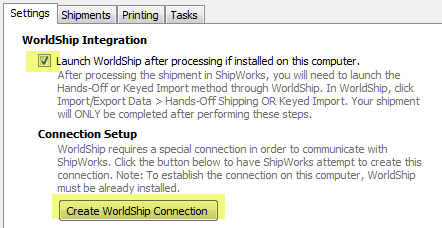 WorldShip settings tab shipping settings