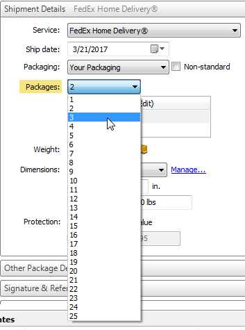 select number of packages on shipment details screen