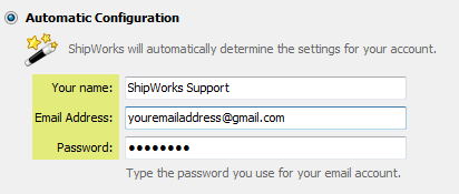 email account configuration your name email address password screen