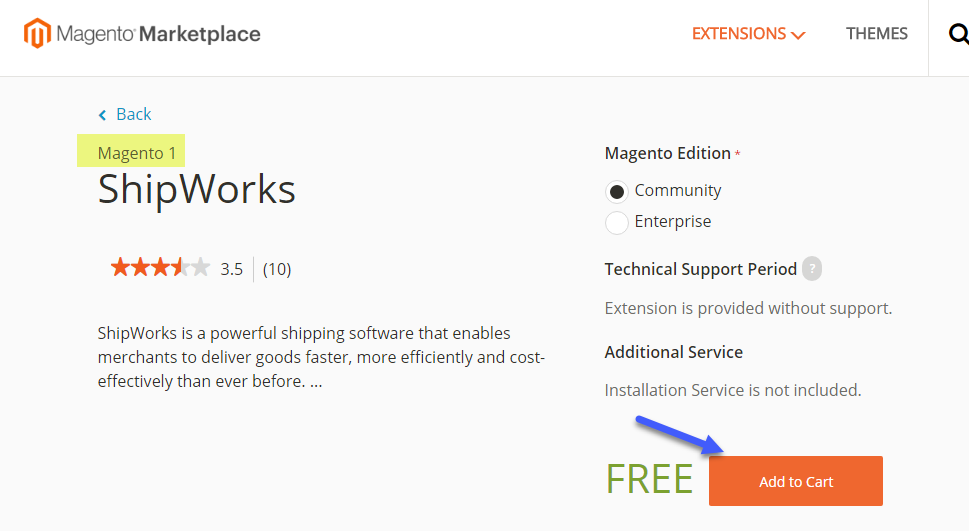 magento marketplace add shipworks extension to cart