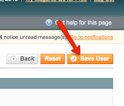 Magento v1 Arrow pointing to Save User button.