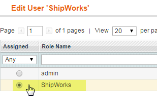 selecting shipworks user role magento