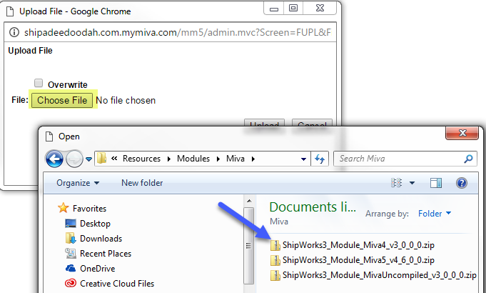 select file from windows to upload to miva