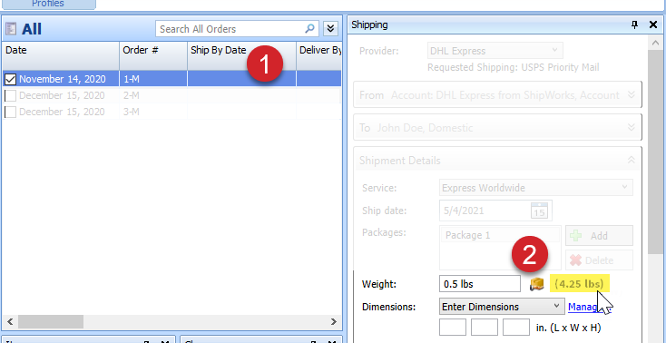 Select an order and view the weight