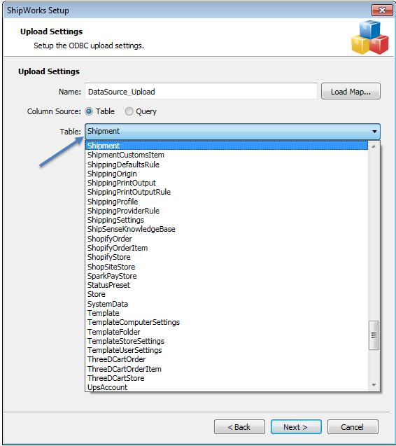 odbc upload settings select table