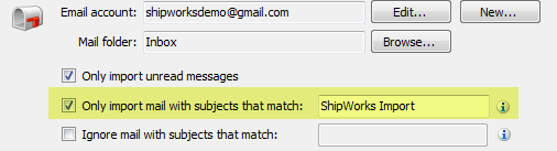 email setup checkbox import messages with subject
