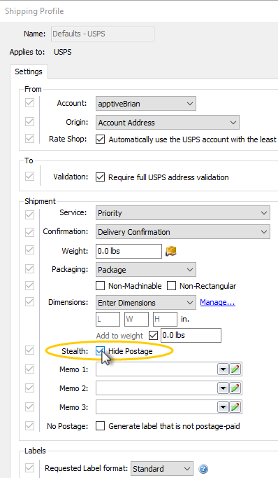 check hide postage on settings tab for usps defaults