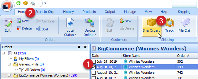 Select an order. Click the Home tab then the Ship Orders button.