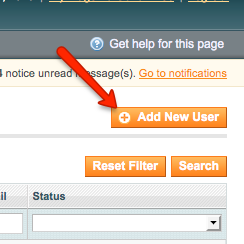 Magento v1 arrow pointing to Add New User button.