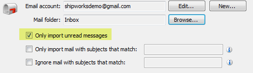 email import only unread messages selected checkbox