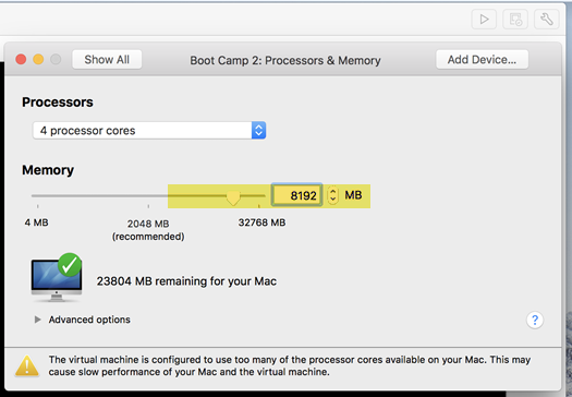 adjust memory macOS bootcamp