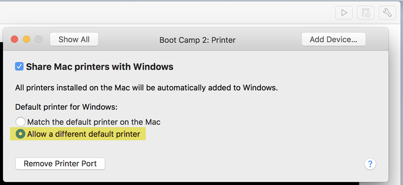 select allow a different default printer on macOS