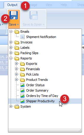 Click the Output tab, then the Save button and select the Shipper Productivity report.