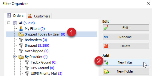 ​Ensure that the ​Shipped Today by User​​ ​​folder you just created​​ is selected. Then, click the ​New Filter​​ button.