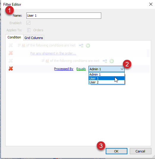 ​Rename the filter. Then, select the user from the ​Processed by > Equals​​ drop-down menu. Click ​OK​​.