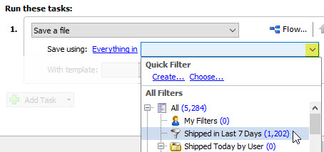 Click the drop-down menu to the right of ​Save using: Everything in​​ and select ​​the 'Shipped in Last 7 Days' Filter you created in the above steps​​​.