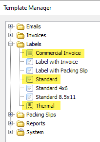 Template Manager screen: Labels folder expanded, Commercial invoice, Standard, and Thermal templates selected