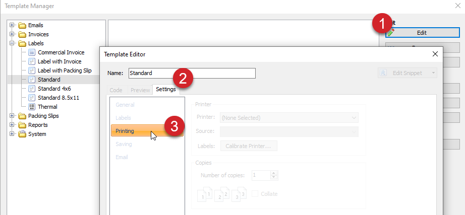Template Manager screen. Click Edit, then, settings, then printing