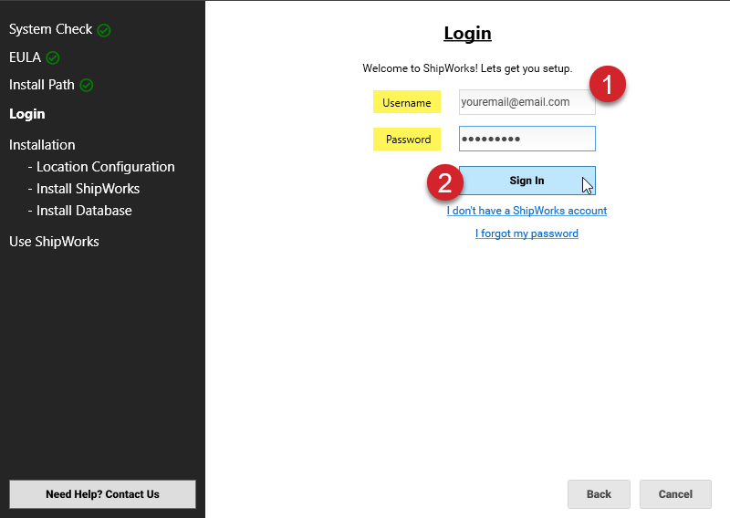Install ShipWorks Wizard: Sign In to ShipWorks account