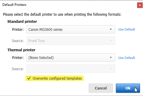 Default printers screen, Overwrite configured templates checkbox