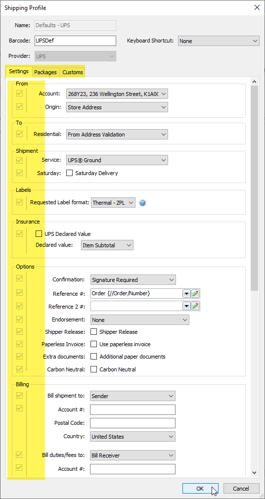 shipping Profile options