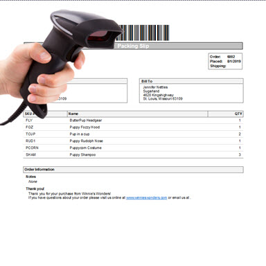 single scan packing slip being scanned by barcode scanner