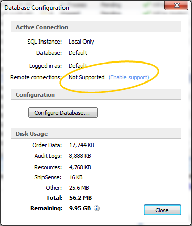 enable support for remote connections on database configuration screen