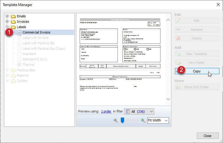 Select the commercial invoice template and click the copy button.