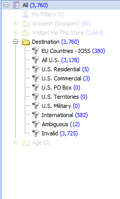 The Filters Pane is shown with the Destinations folder expanded with multiple filters contained within it.