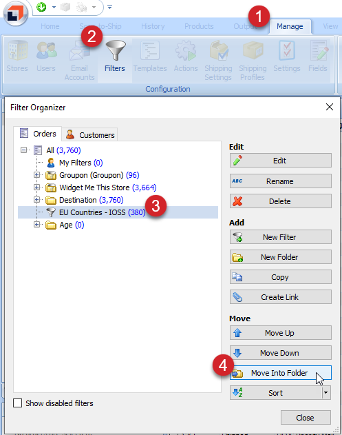 The steps to navigate to the Filters manager are displayed. Within the Filters manager, a filter is selected and the Move Into Folder button is highlighted.