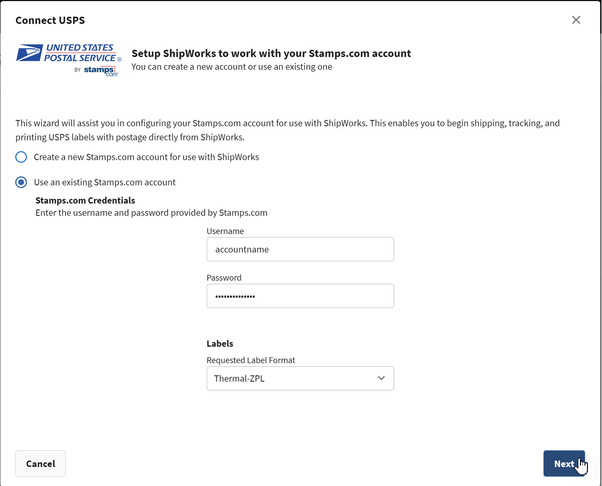 Connect USPS wizard: select Use an existing account