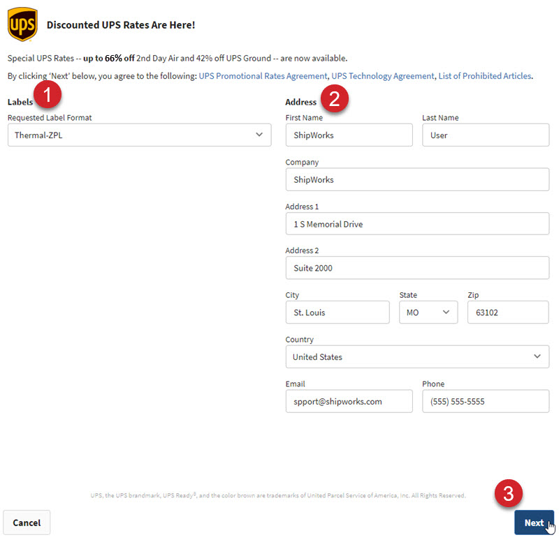 The add UPS modal is displayed highlighting the Label Format drop-down, address fields, and the Next button.