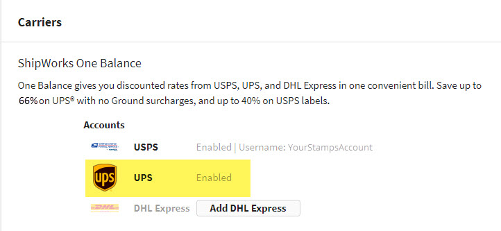 UPS from ShipWorks has been added and is highlighted in the list of carriers.