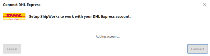 The setup DHL Express modal is displayed