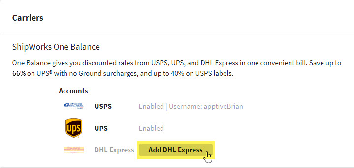 Click Add DHL Express in the ShipWorks One Balance section.