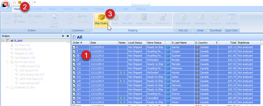 Orders selected on the orders grid. The home tab is selected and the Ship Orders button is clicked.