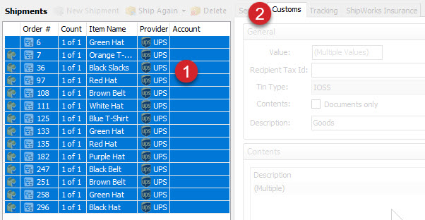 All shipments are selected on the Ship Order screen and the Customs tab is selected.
